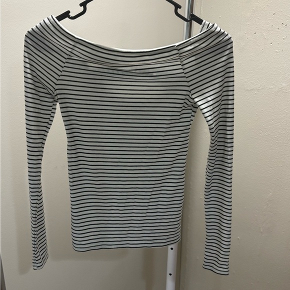 Lucky Brand Stripe Off Shoulder Ribbed Top Long Sleeve Criss Cross Back Size XS - Picture 2 of 7